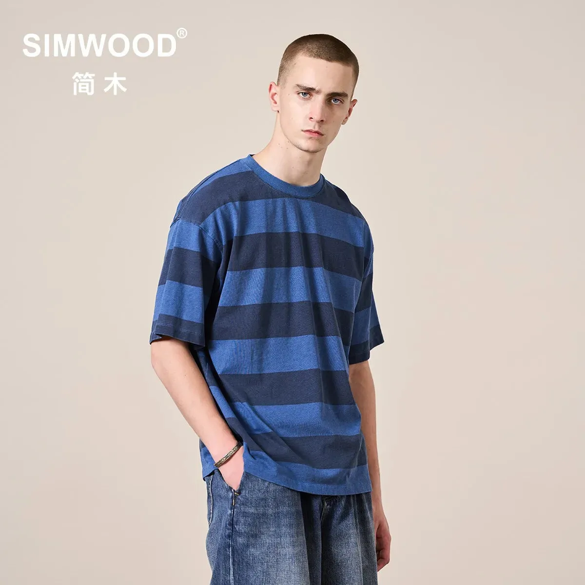 Vintage Washed Denim Striped T-shirts - Oversize Cotton Fabric