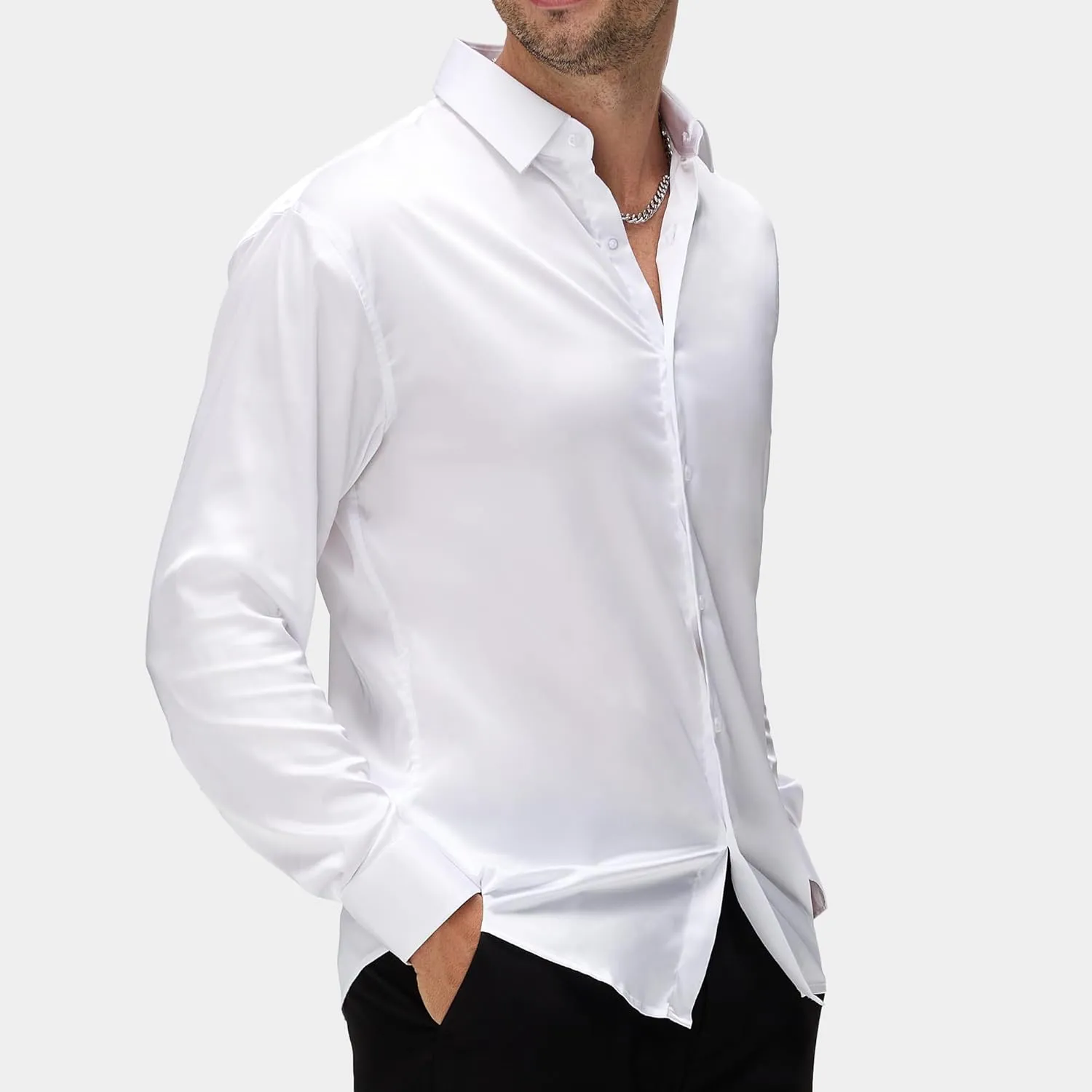 WARHORSEE Mens Silk Satin Dress Shirts Shiny Long Sleeve Button Down Shirt Party Prom Wedding Shirt