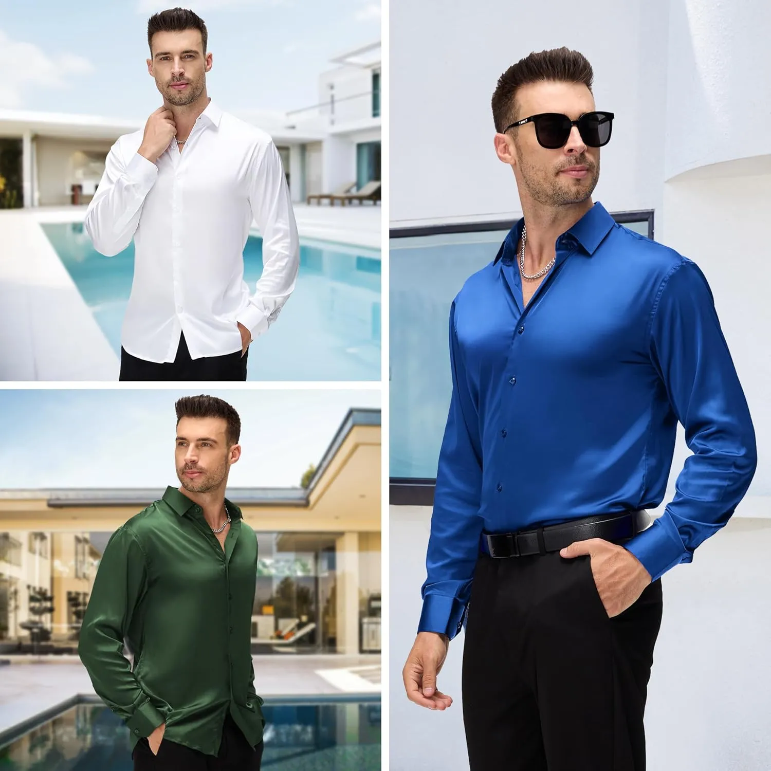 WARHORSEE Mens Silk Satin Dress Shirts Shiny Long Sleeve Button Down Shirt Party Prom Wedding Shirt