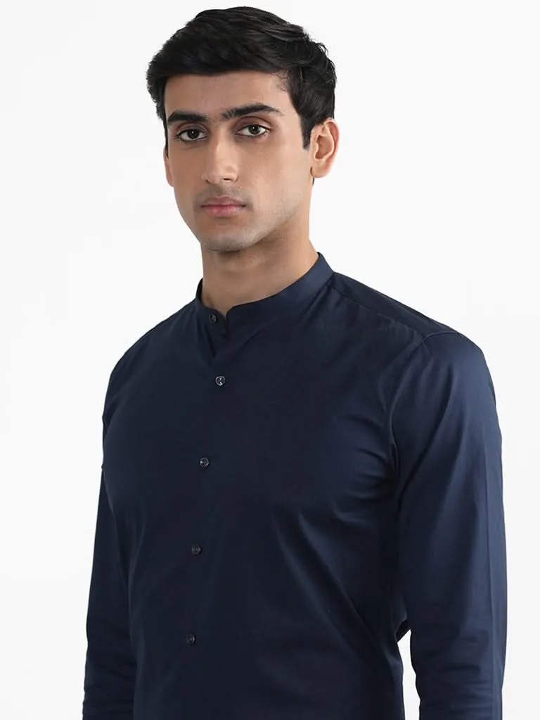 WES Formals Plain Indigo Cotton Blend Slim-Fit Shirt