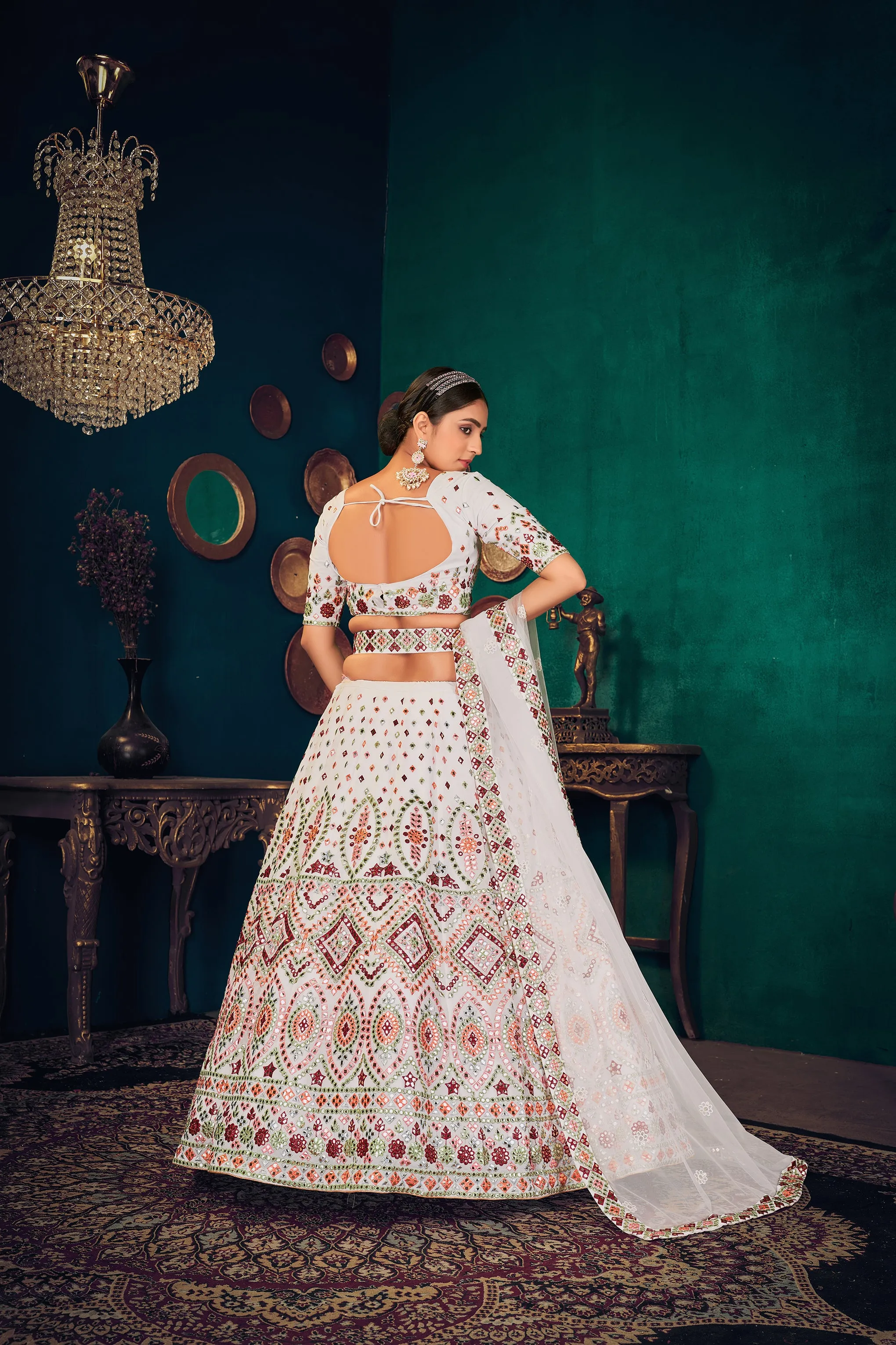 White Multi Thread Gotta Work Georgette Wedding Lehenga Choli