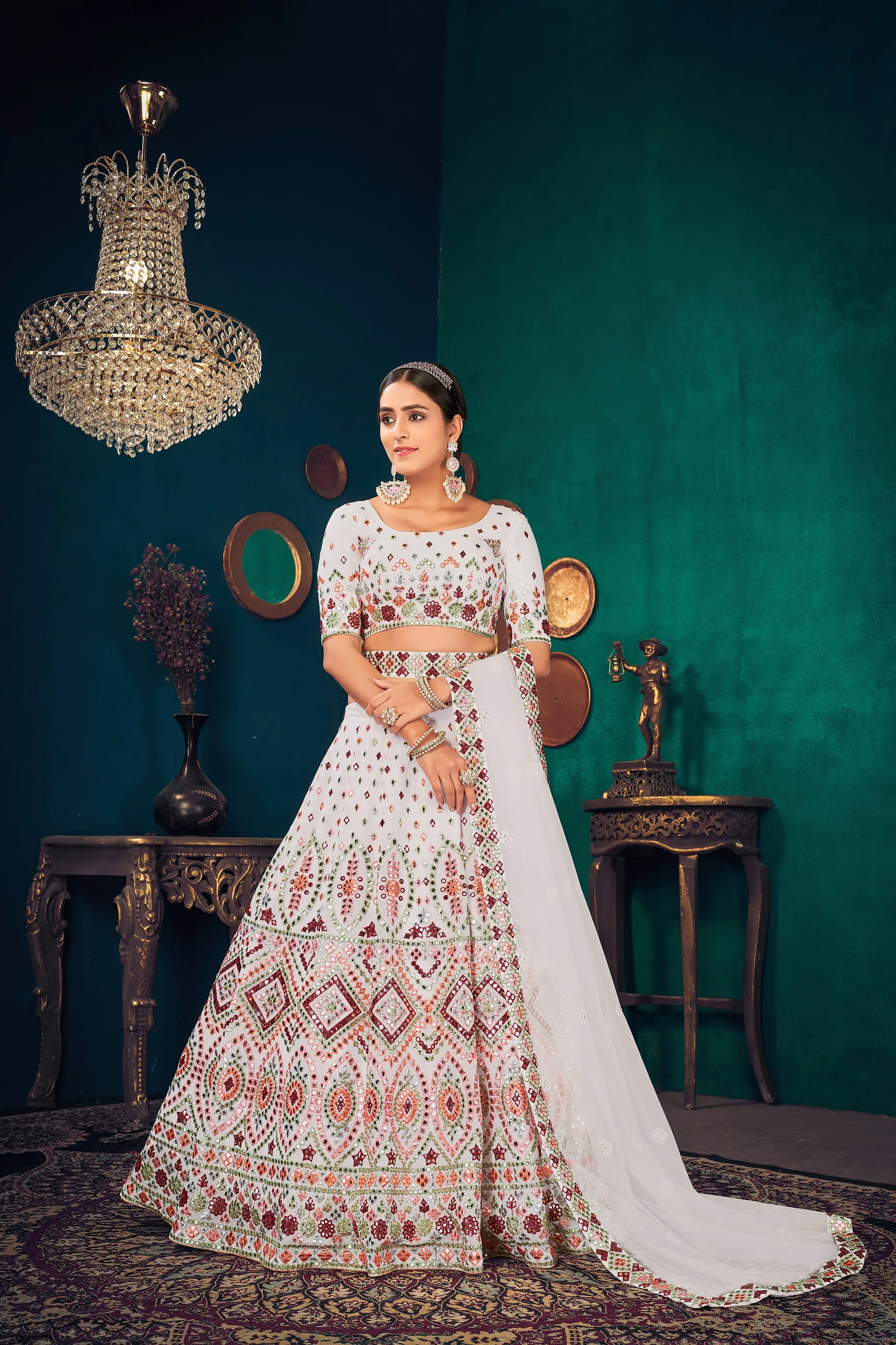 White Multi Thread Gotta Work Georgette Wedding Lehenga Choli