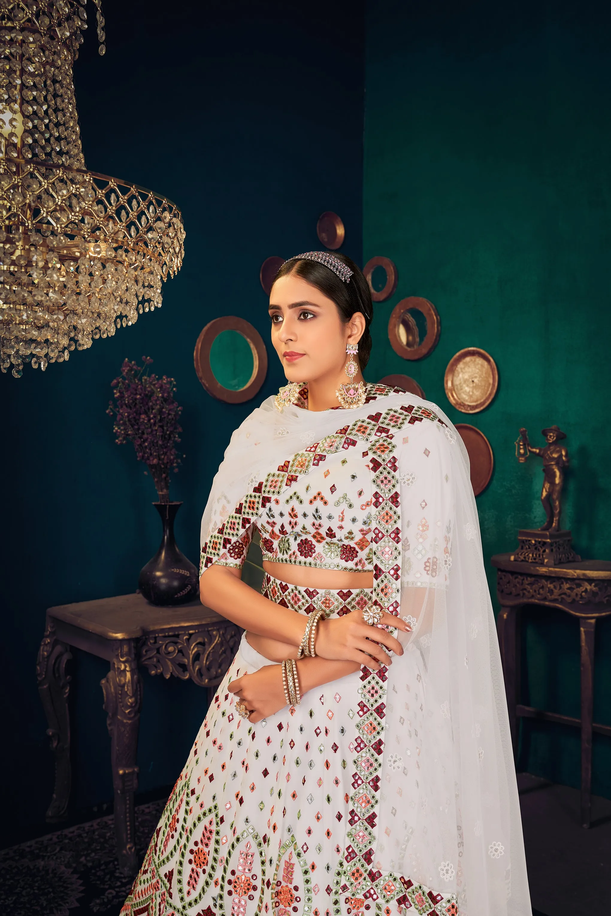 White Multi Thread Gotta Work Georgette Wedding Lehenga Choli