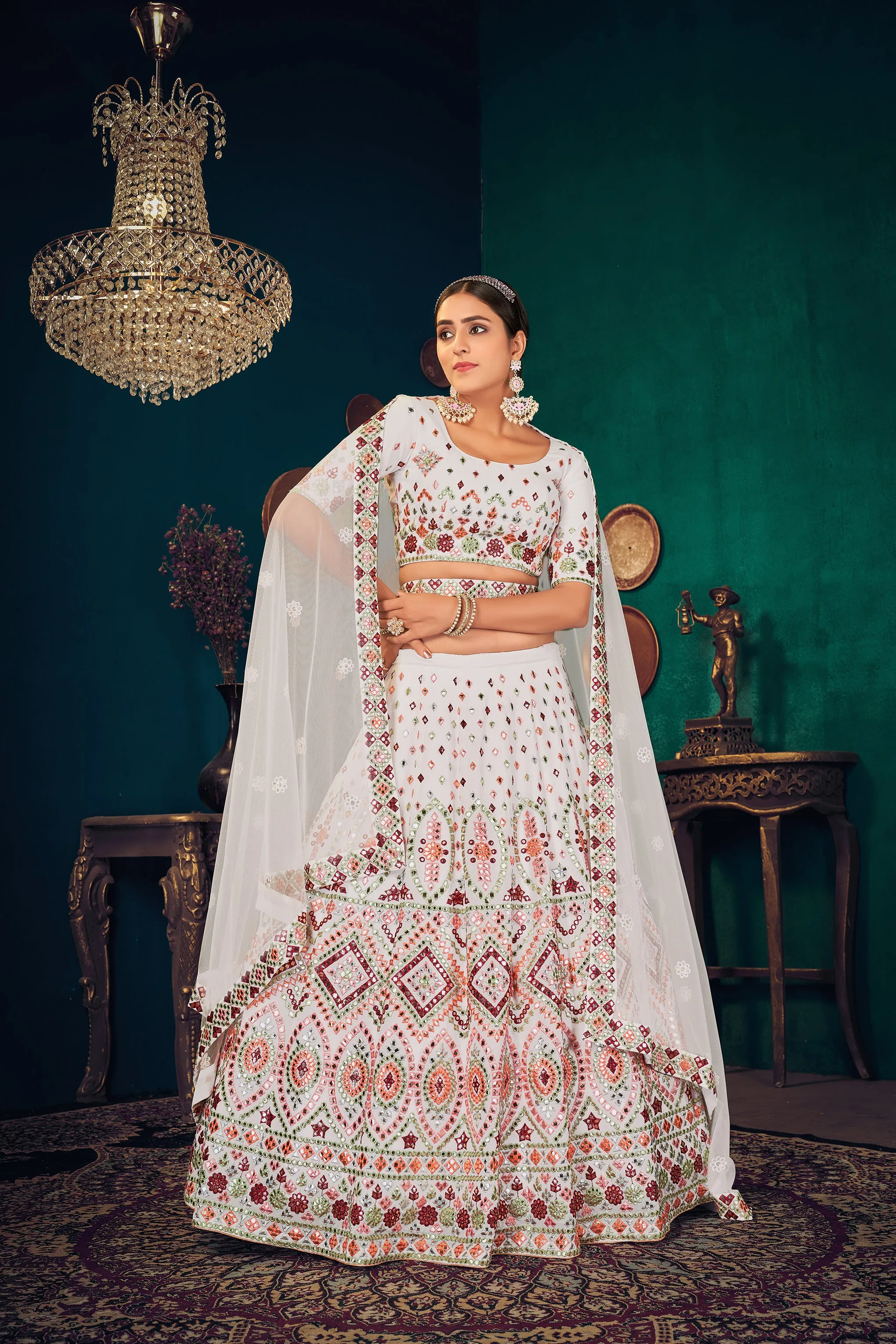 White Multi Thread Gotta Work Georgette Wedding Lehenga Choli