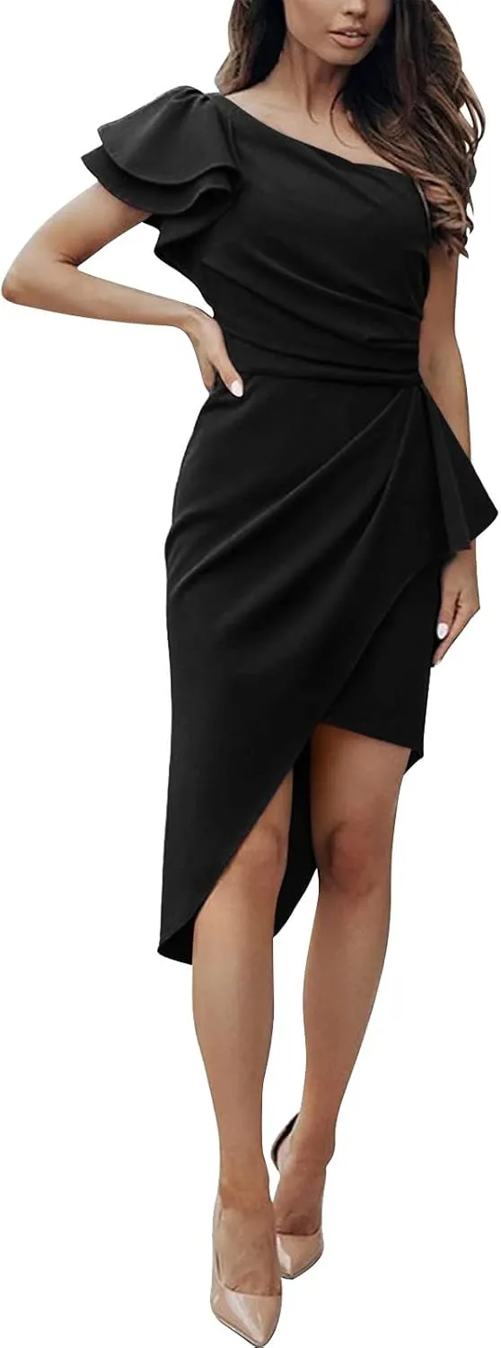 Women 2025 Summer Elegant One Shoulder Cocktail Dress Ruffle Sleeve Wrap Ruched Bodycon Short Party Midi Dresses