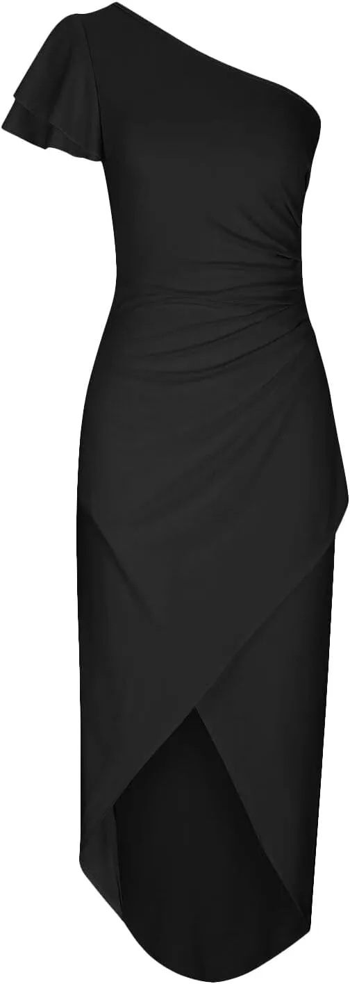 Women 2025 Summer Elegant One Shoulder Cocktail Dress Ruffle Sleeve Wrap Ruched Bodycon Short Party Midi Dresses