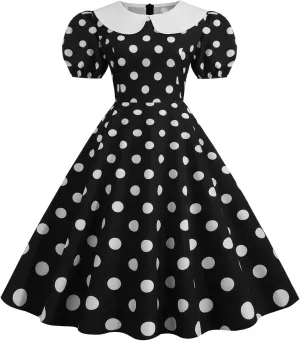 Women 50s 60s Vintage Polka Dot 1950s Cocktail Party Swing Dress Doll Collar Retro Audrey Hepburn Rockabilly Prom Dress