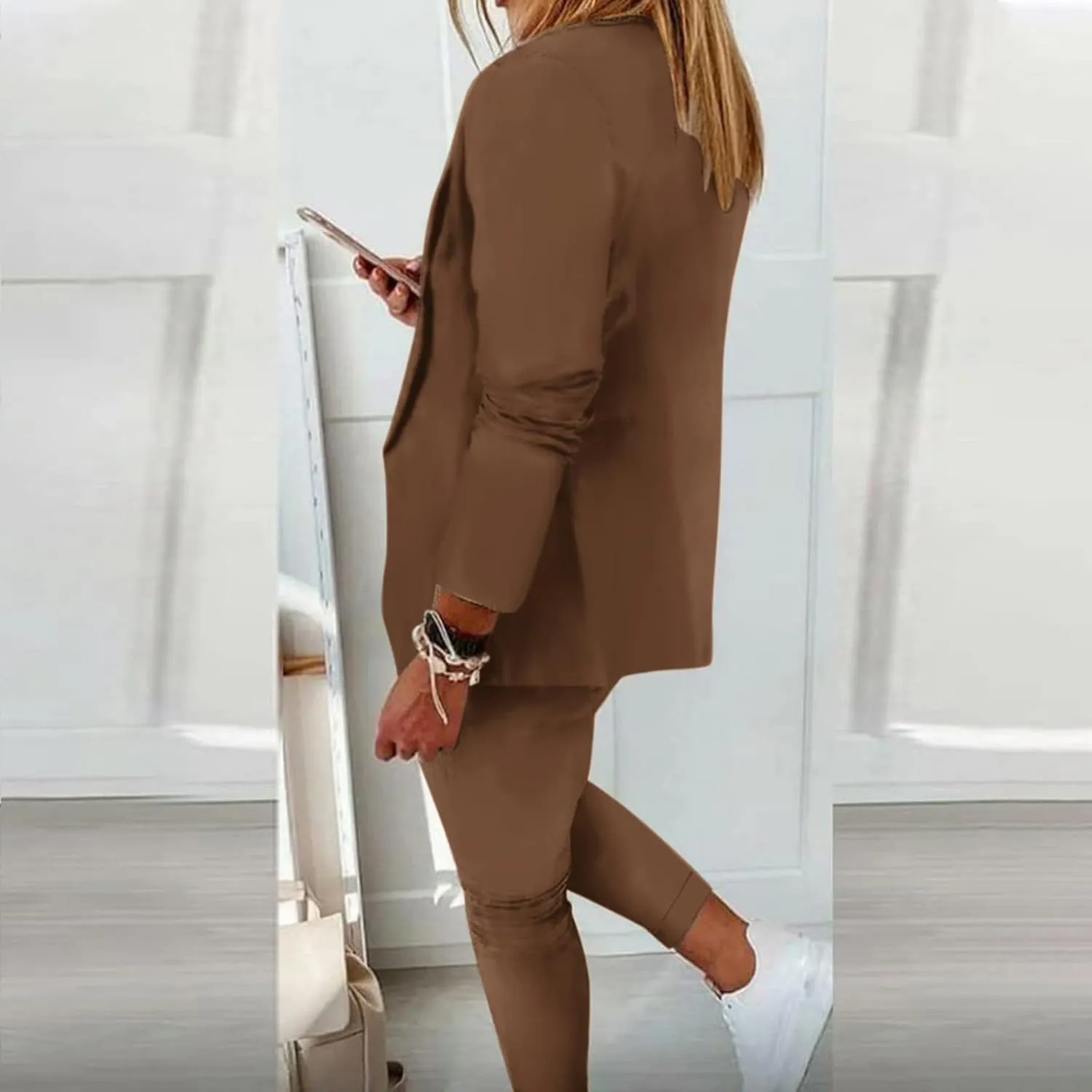 Women Blazer Set 2 Piece Outfits,Plaid Print Long Sleeve Blazer with Drawstring Pants Solid Business Casual Suit Set