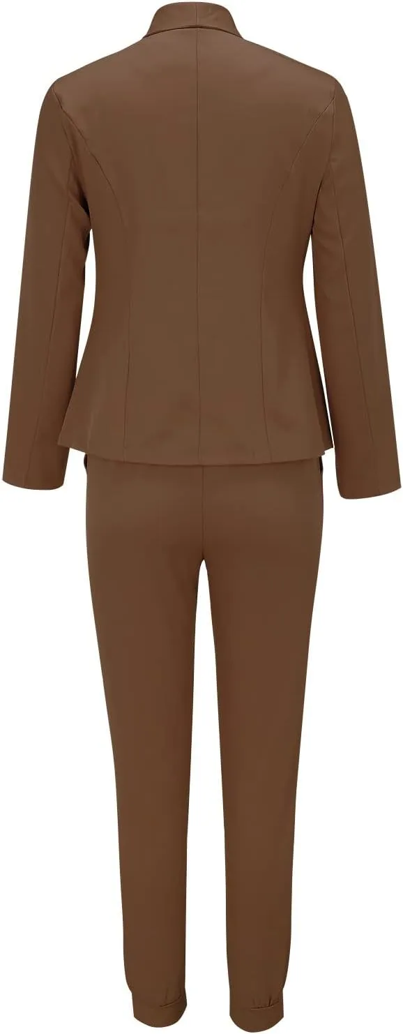 Women Blazer Set 2 Piece Outfits,Plaid Print Long Sleeve Blazer with Drawstring Pants Solid Business Casual Suit Set