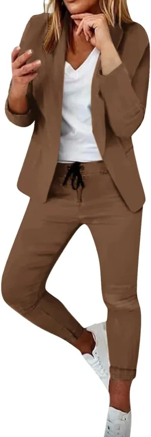 Women Blazer Set 2 Piece Outfits,Plaid Print Long Sleeve Blazer with Drawstring Pants Solid Business Casual Suit Set