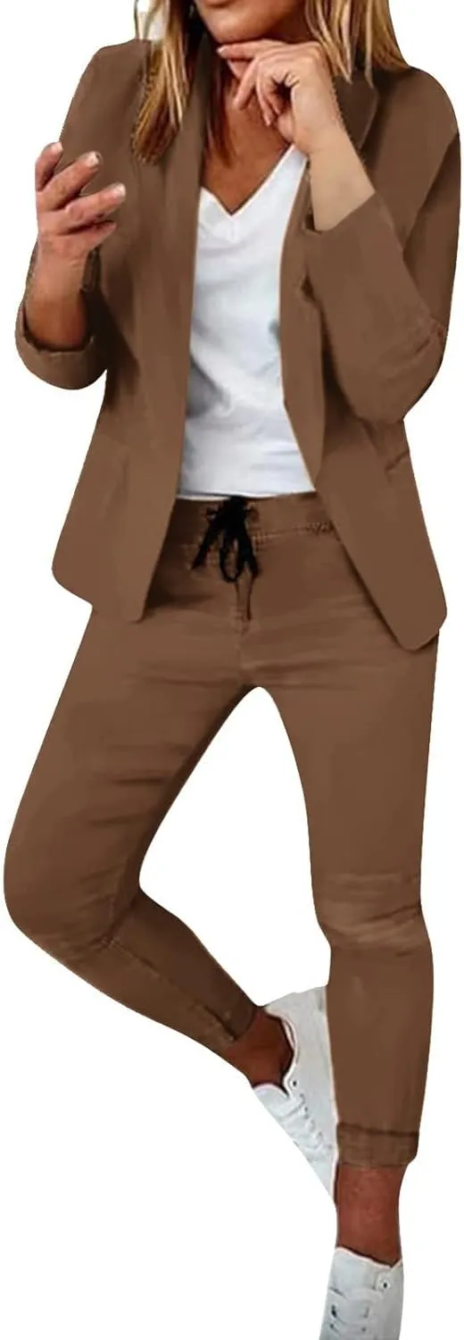 Women Blazer Set 2 Piece Outfits,Plaid Print Long Sleeve Blazer with Drawstring Pants Solid Business Casual Suit Set