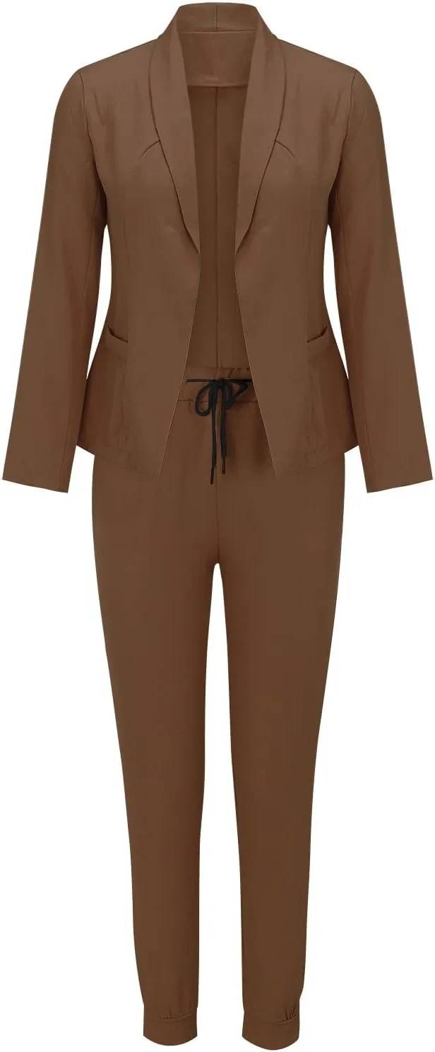Women Blazer Set 2 Piece Outfits,Plaid Print Long Sleeve Blazer with Drawstring Pants Solid Business Casual Suit Set
