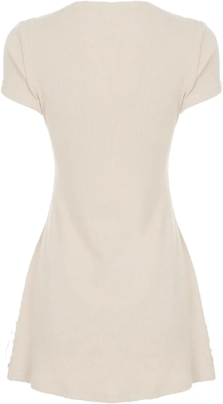 Women Sexy Deep V Neck Button Front Knit Mini Dress Elegant Short Sleeve Ribbed Flowy Hem A-Line Short Dress