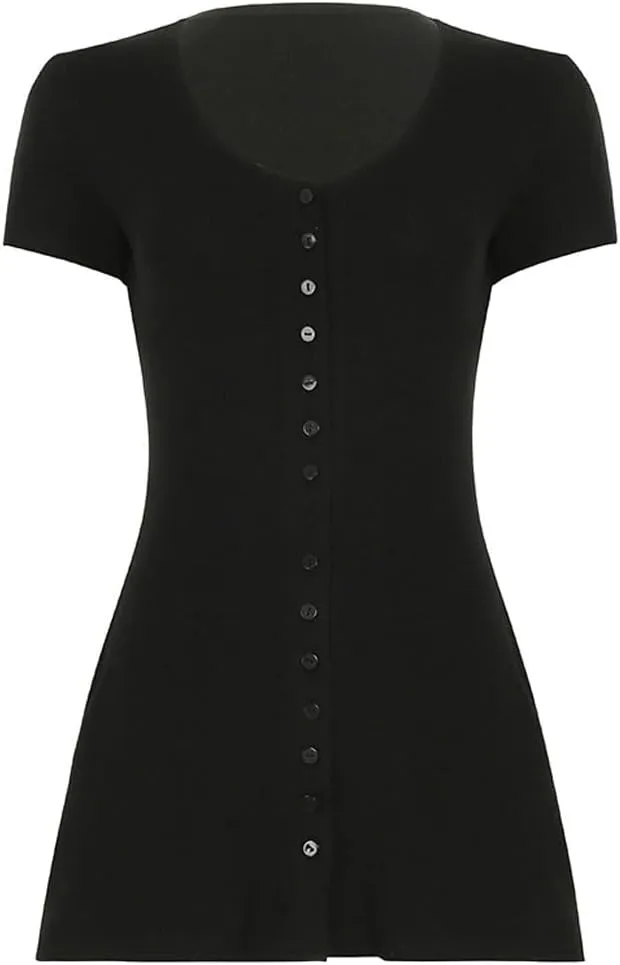 Women Sexy Deep V Neck Button Front Knit Mini Dress Elegant Short Sleeve Ribbed Flowy Hem A-Line Short Dress