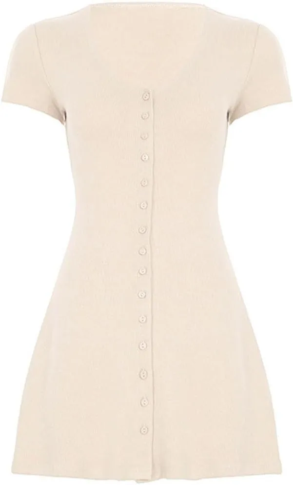 Women Sexy Deep V Neck Button Front Knit Mini Dress Elegant Short Sleeve Ribbed Flowy Hem A-Line Short Dress