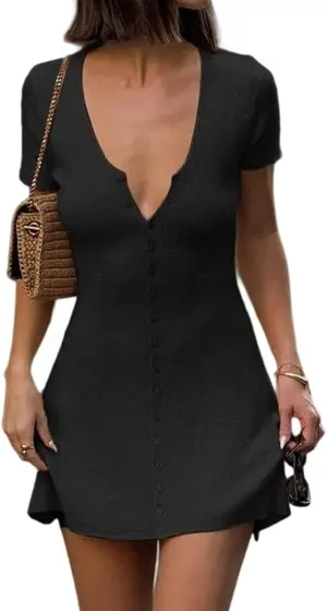 Women Sexy Deep V Neck Button Front Knit Mini Dress Elegant Short Sleeve Ribbed Flowy Hem A-Line Short Dress