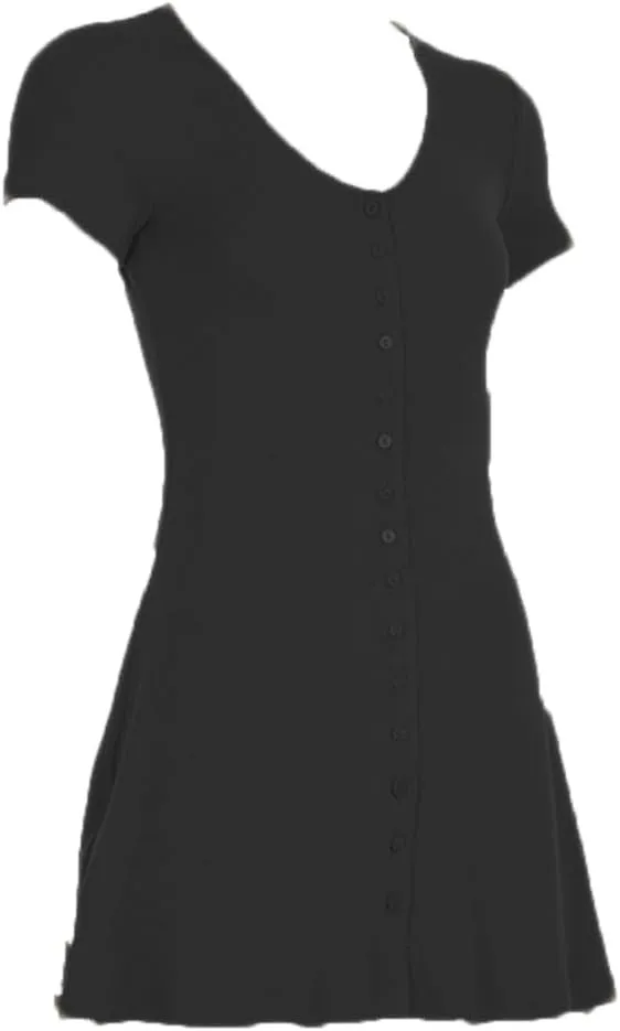 Women Sexy Deep V Neck Button Front Knit Mini Dress Elegant Short Sleeve Ribbed Flowy Hem A-Line Short Dress