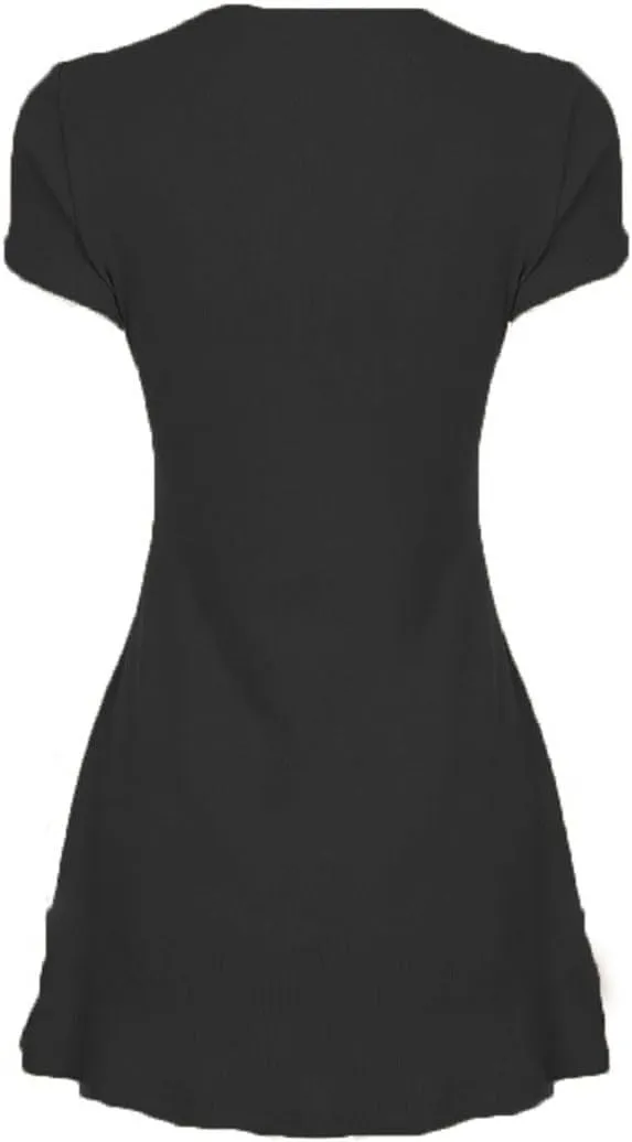Women Sexy Deep V Neck Button Front Knit Mini Dress Elegant Short Sleeve Ribbed Flowy Hem A-Line Short Dress