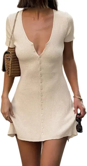 Women Sexy Deep V Neck Button Front Knit Mini Dress Elegant Short Sleeve Ribbed Flowy Hem A-Line Short Dress