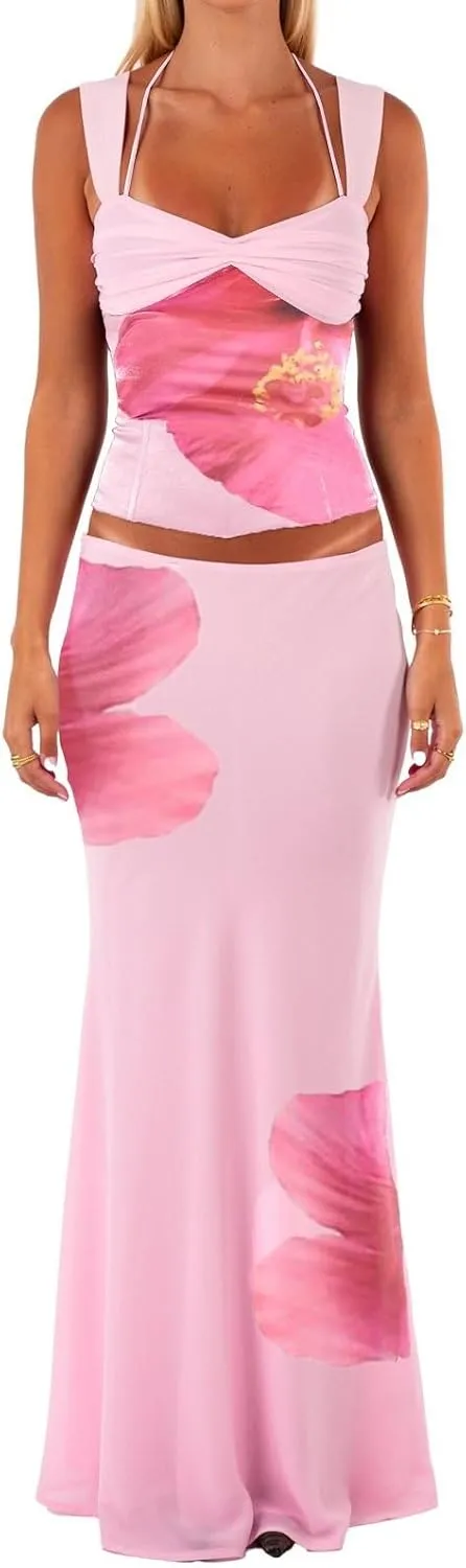 Women Two Piece Maxi Skirt Sets Y2k Strappy Ruched Tank Tops Elegant Flared A-Line Long Skirt Vacation Beach Outfits xl