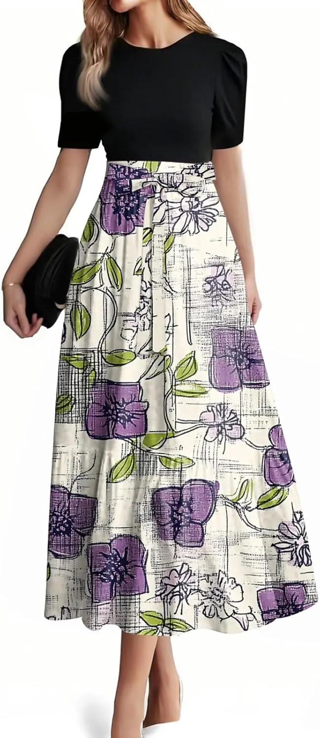 Women's 2025 Summer Floral Crew Neck Midi Dress Boho Short Sleeve High Waist Flowy Beach Vacation Dresses