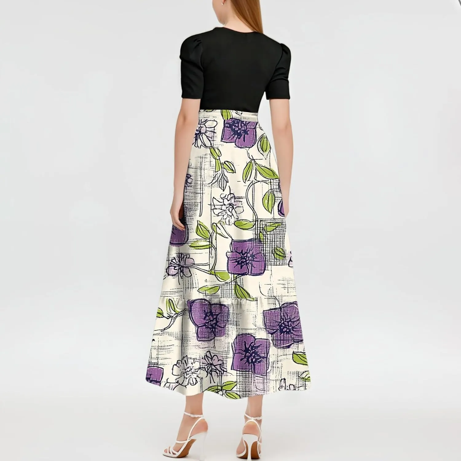 Women's 2025 Summer Floral Crew Neck Midi Dress Boho Short Sleeve High Waist Flowy Beach Vacation Dresses