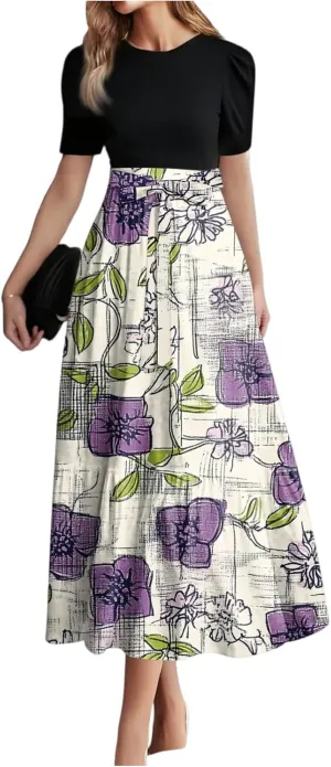 Women's 2025 Summer Floral Crew Neck Midi Dress Boho Short Sleeve High Waist Flowy Beach Vacation Dresses