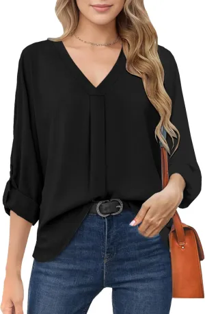 Womens 3/4 Cuffed Sleeve Blouses for Women Dressy Casual, V Neck Casual Blouse Shirt Tops 2024, Tunic Tops