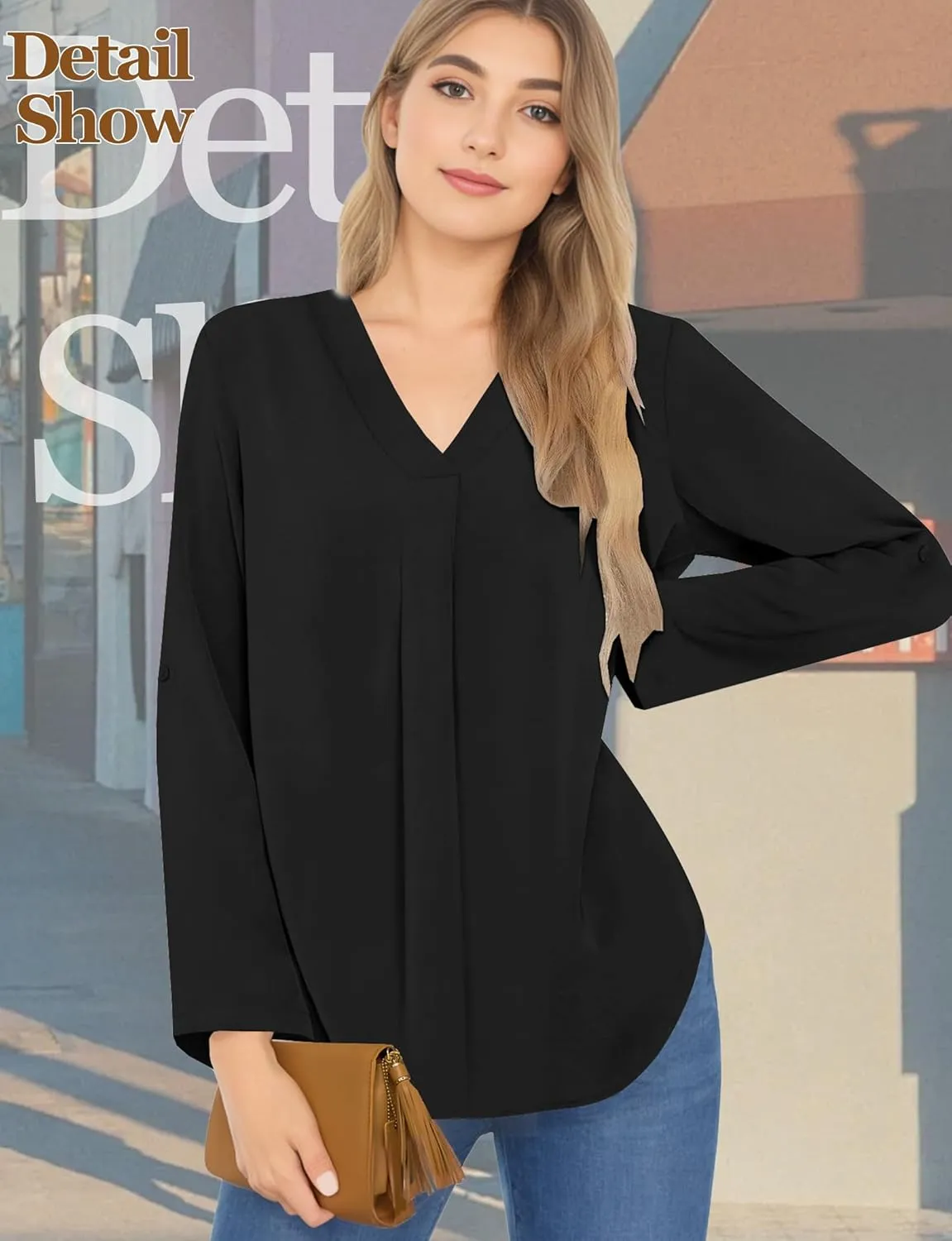 Womens 3/4 Cuffed Sleeve Blouses for Women Dressy Casual, V Neck Casual Blouse Shirt Tops 2024, Tunic Tops