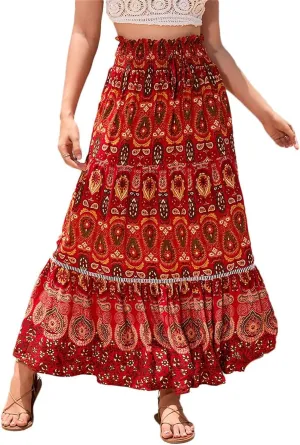 Women's A Line Skirts Summer Boho Floral Elastic High Waisted Maxi Skirt Flowy Tiered Ruffle Hem Beach Long Skirts