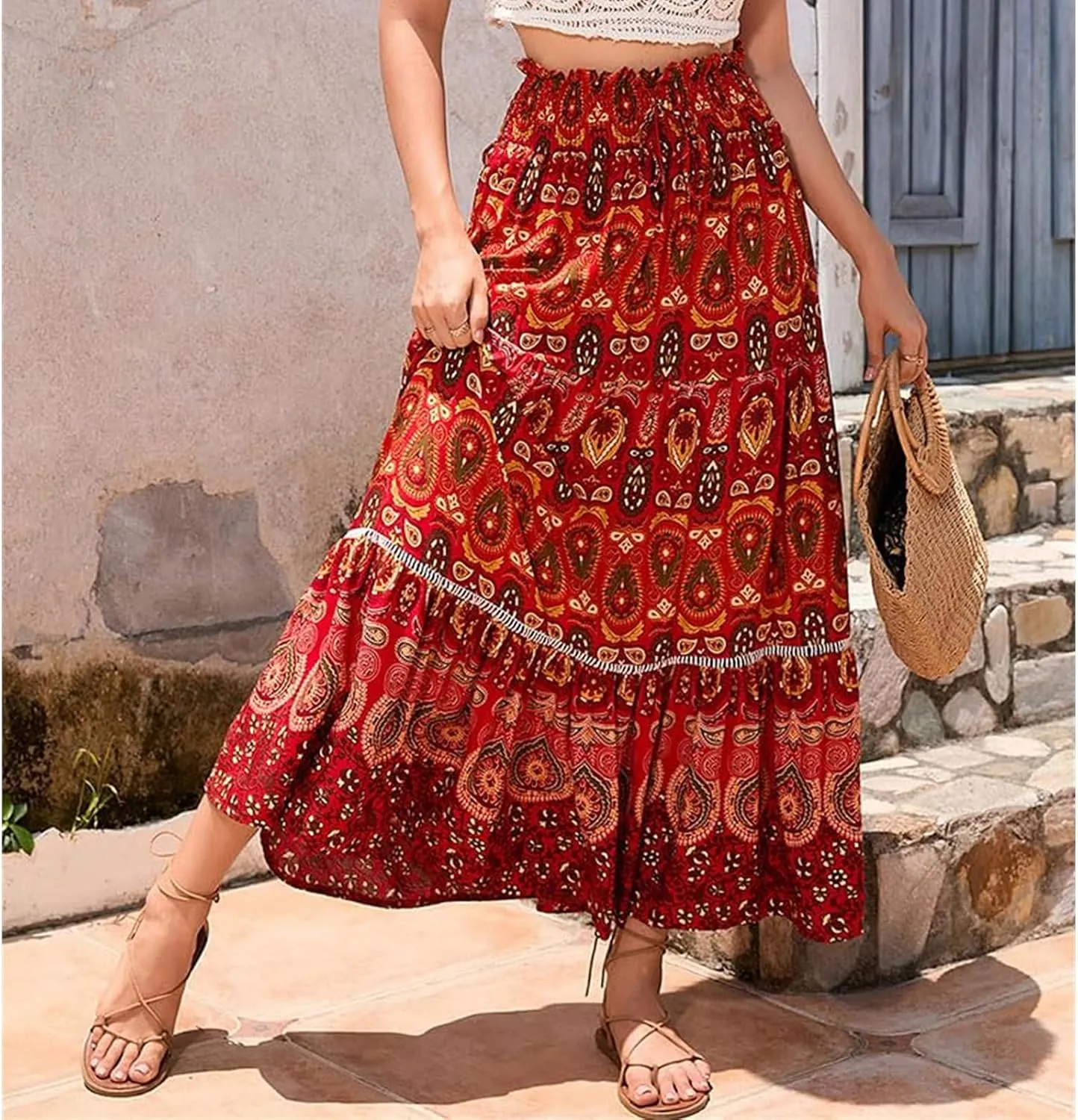 Women's A Line Skirts Summer Boho Floral Elastic High Waisted Maxi Skirt Flowy Tiered Ruffle Hem Beach Long Skirts