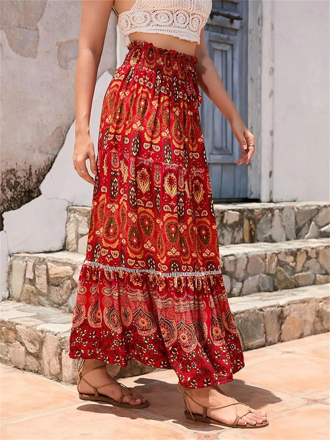 Women's A Line Skirts Summer Boho Floral Elastic High Waisted Maxi Skirt Flowy Tiered Ruffle Hem Beach Long Skirts