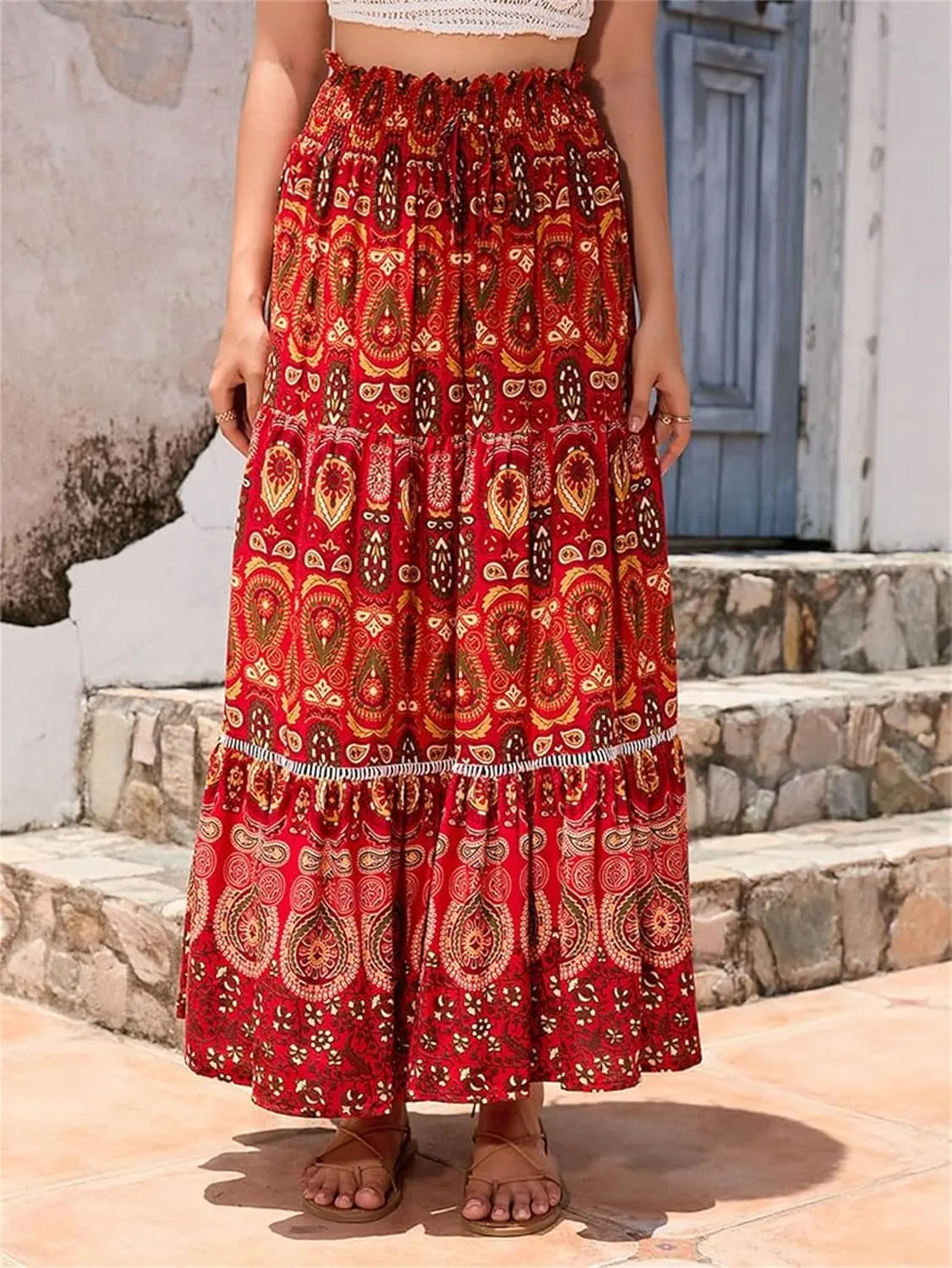 Women's A Line Skirts Summer Boho Floral Elastic High Waisted Maxi Skirt Flowy Tiered Ruffle Hem Beach Long Skirts