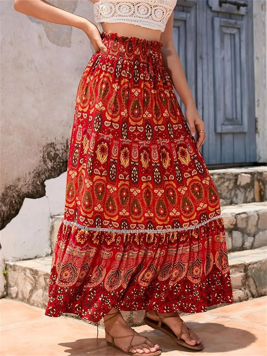 Women's A Line Skirts Summer Boho Floral Elastic High Waisted Maxi Skirt Flowy Tiered Ruffle Hem Beach Long Skirts