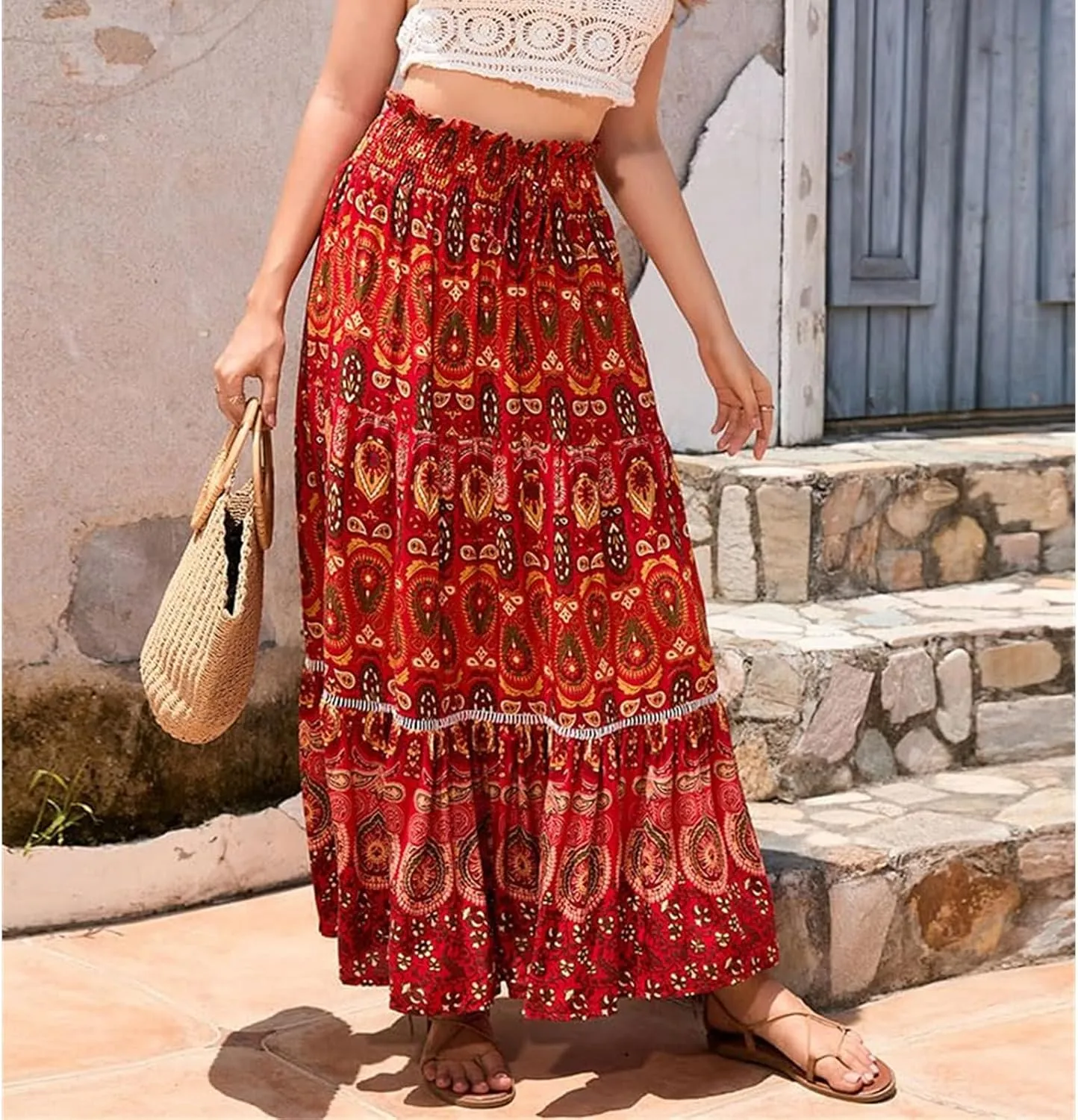 Women's A Line Skirts Summer Boho Floral Elastic High Waisted Maxi Skirt Flowy Tiered Ruffle Hem Beach Long Skirts