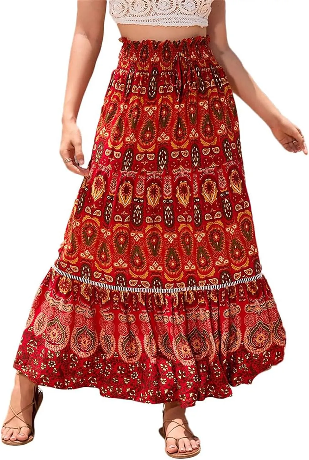 Women's A Line Skirts Summer Boho Floral Elastic High Waisted Maxi Skirt Flowy Tiered Ruffle Hem Beach Long Skirts