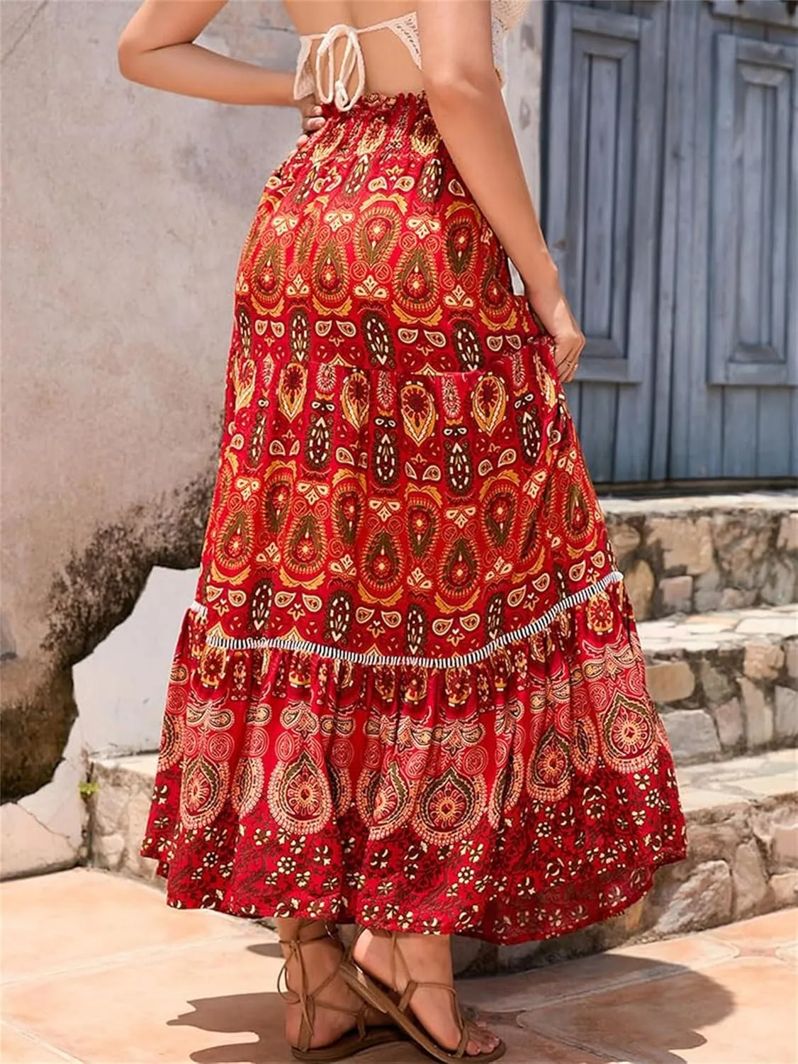 Women's A Line Skirts Summer Boho Floral Elastic High Waisted Maxi Skirt Flowy Tiered Ruffle Hem Beach Long Skirts