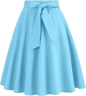 Women's A-Line Swing Vinage Skirts Bow Tie Front High Waist Skater Flared Midi Skirt Evening Gown Prom Skirt