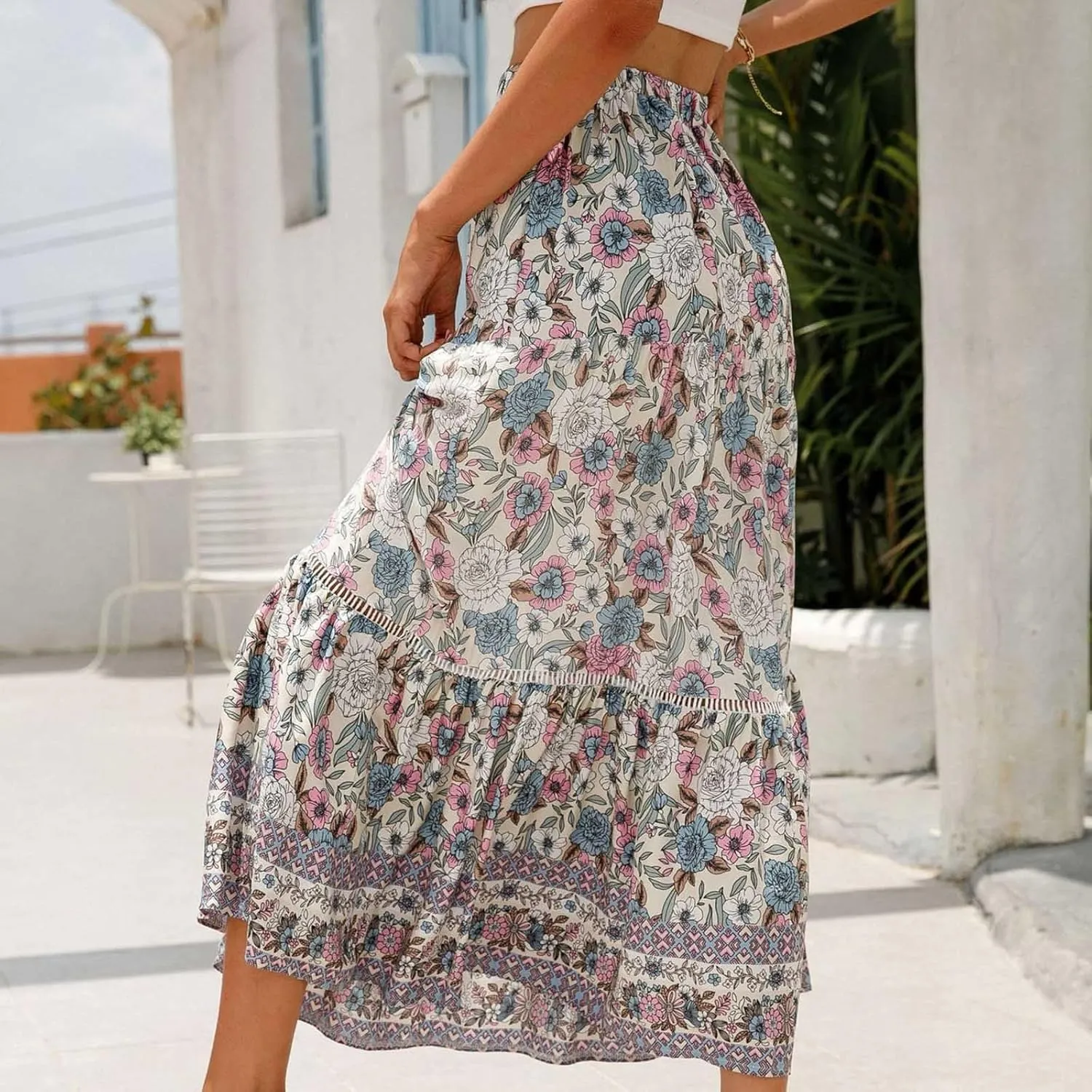 Womens Boho Skirts Summer Flowy Elastic High Waisted Maxi Skirt Fashion Color Block Ruffle Hem A Line Floral Skirts
