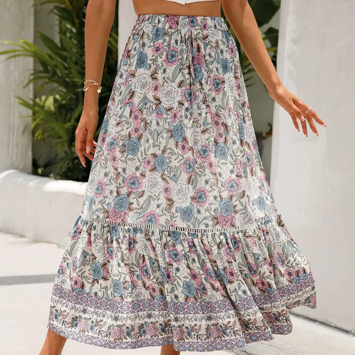 Womens Boho Skirts Summer Flowy Elastic High Waisted Maxi Skirt Fashion Color Block Ruffle Hem A Line Floral Skirts