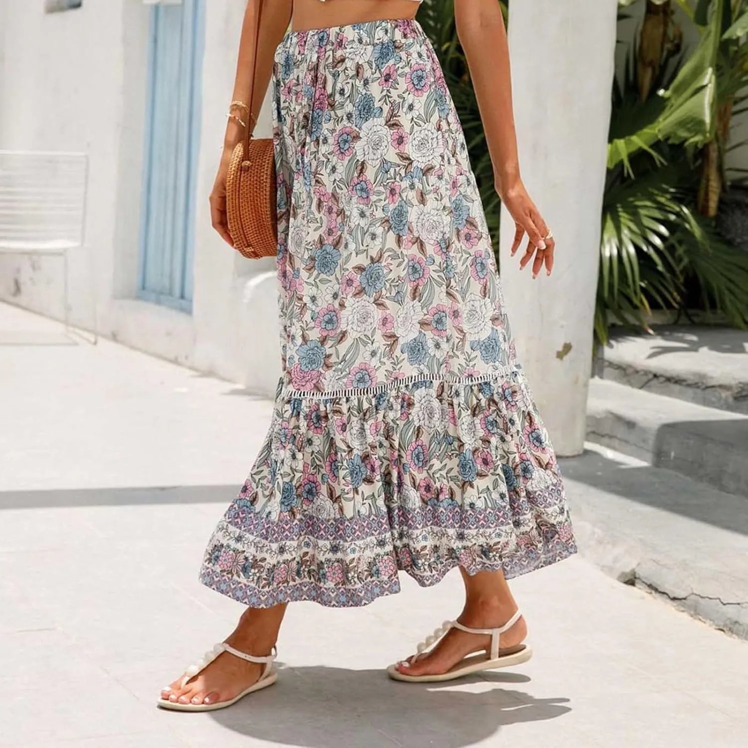 Womens Boho Skirts Summer Flowy Elastic High Waisted Maxi Skirt Fashion Color Block Ruffle Hem A Line Floral Skirts