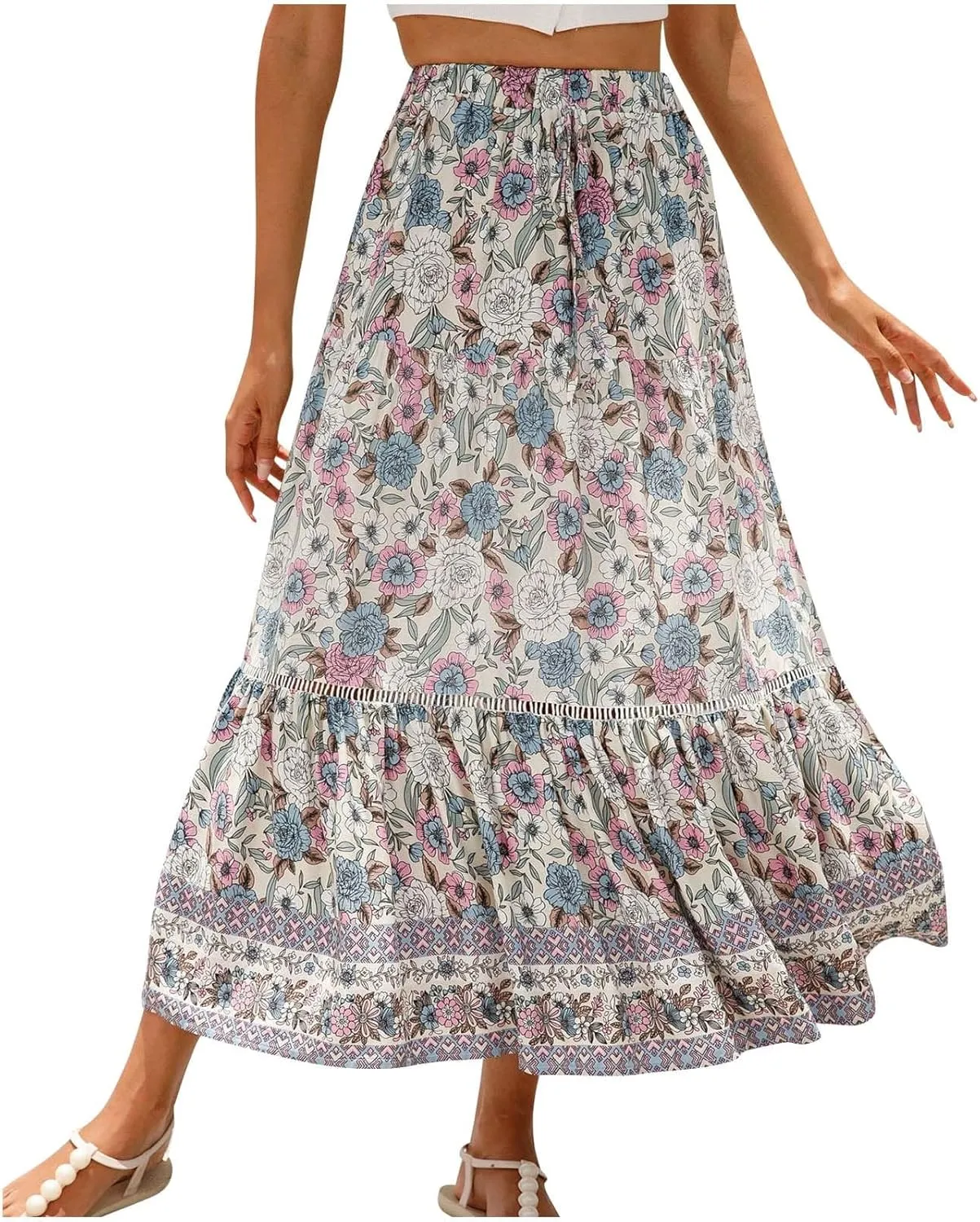 Womens Boho Skirts Summer Flowy Elastic High Waisted Maxi Skirt Fashion Color Block Ruffle Hem A Line Floral Skirts