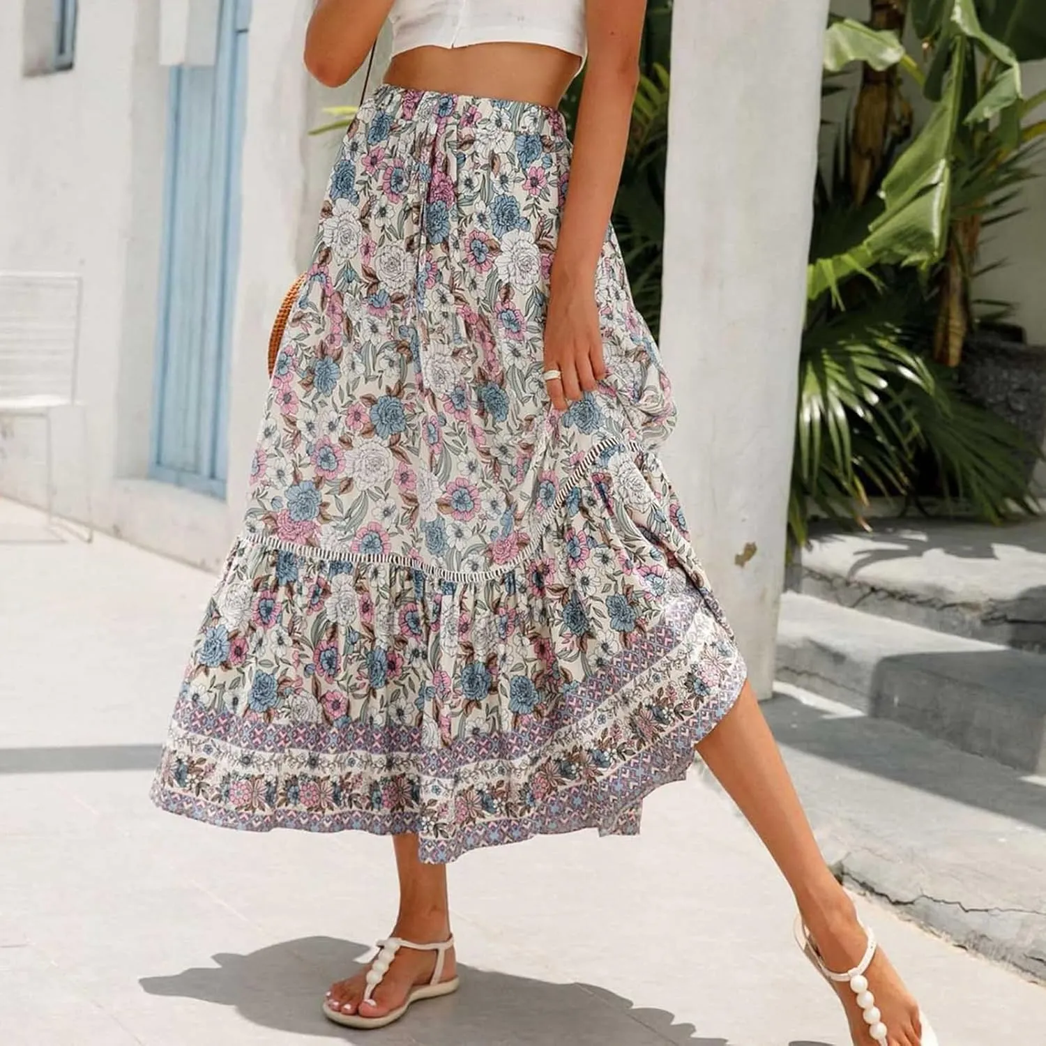 Womens Boho Skirts Summer Flowy Elastic High Waisted Maxi Skirt Fashion Color Block Ruffle Hem A Line Floral Skirts