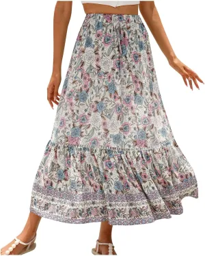 Womens Boho Skirts Summer Flowy Elastic High Waisted Maxi Skirt Fashion Color Block Ruffle Hem A Line Floral Skirts