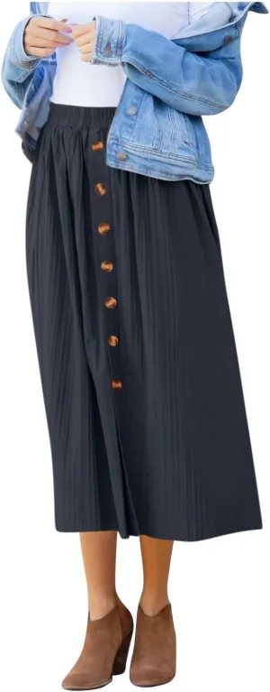 Women's Casual Elastic High Waisted Button Decor Skirt A-Line Pleated Flowy Beach Vacation Midi Long Skirts