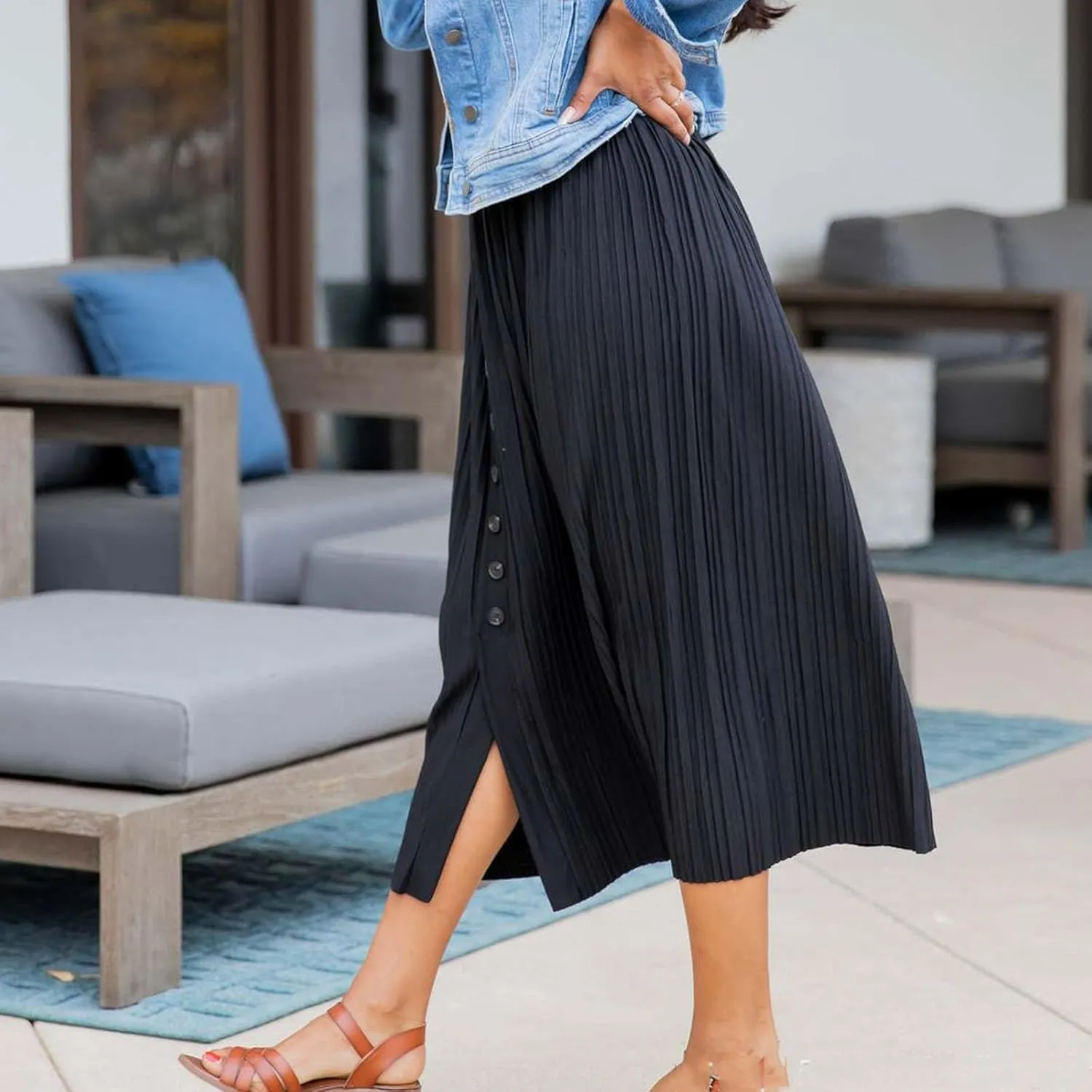 Women's Casual Elastic High Waisted Button Decor Skirt A-Line Pleated Flowy Beach Vacation Midi Long Skirts