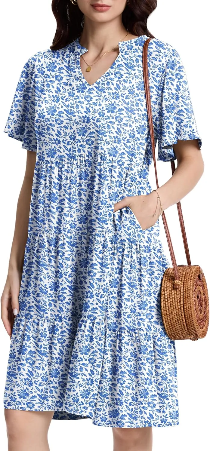 Womens Casual Tiered Swing Midi Dress Ruffle Sleeve V Neck A Line Loose Summer Dresses with Pockets