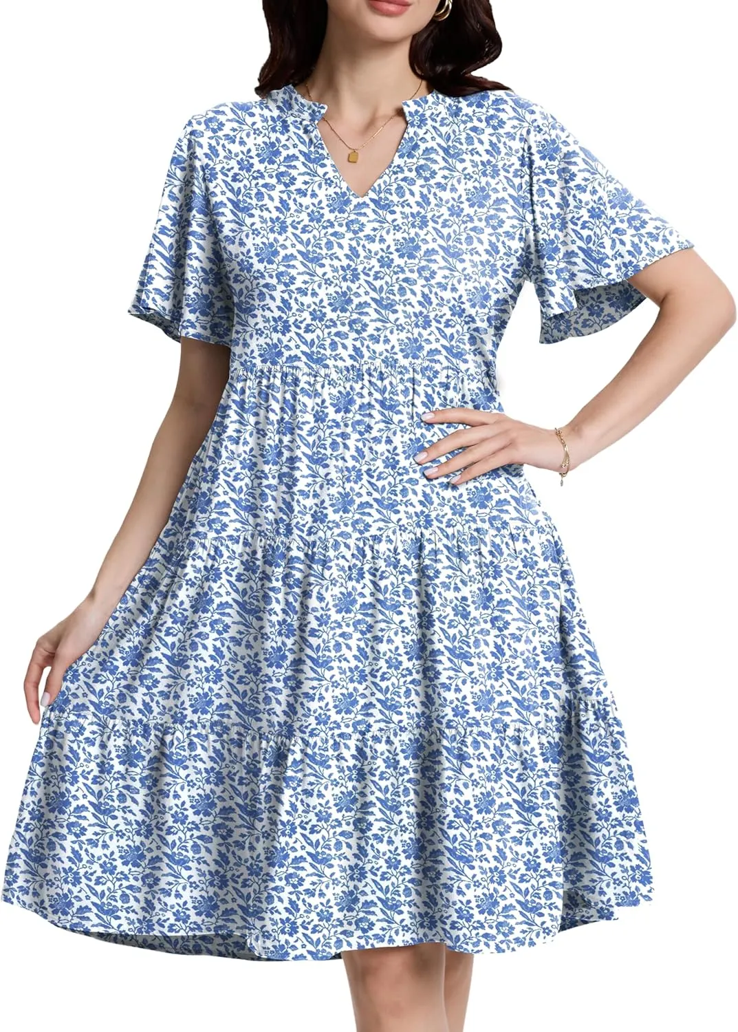 Womens Casual Tiered Swing Midi Dress Ruffle Sleeve V Neck A Line Loose Summer Dresses with Pockets