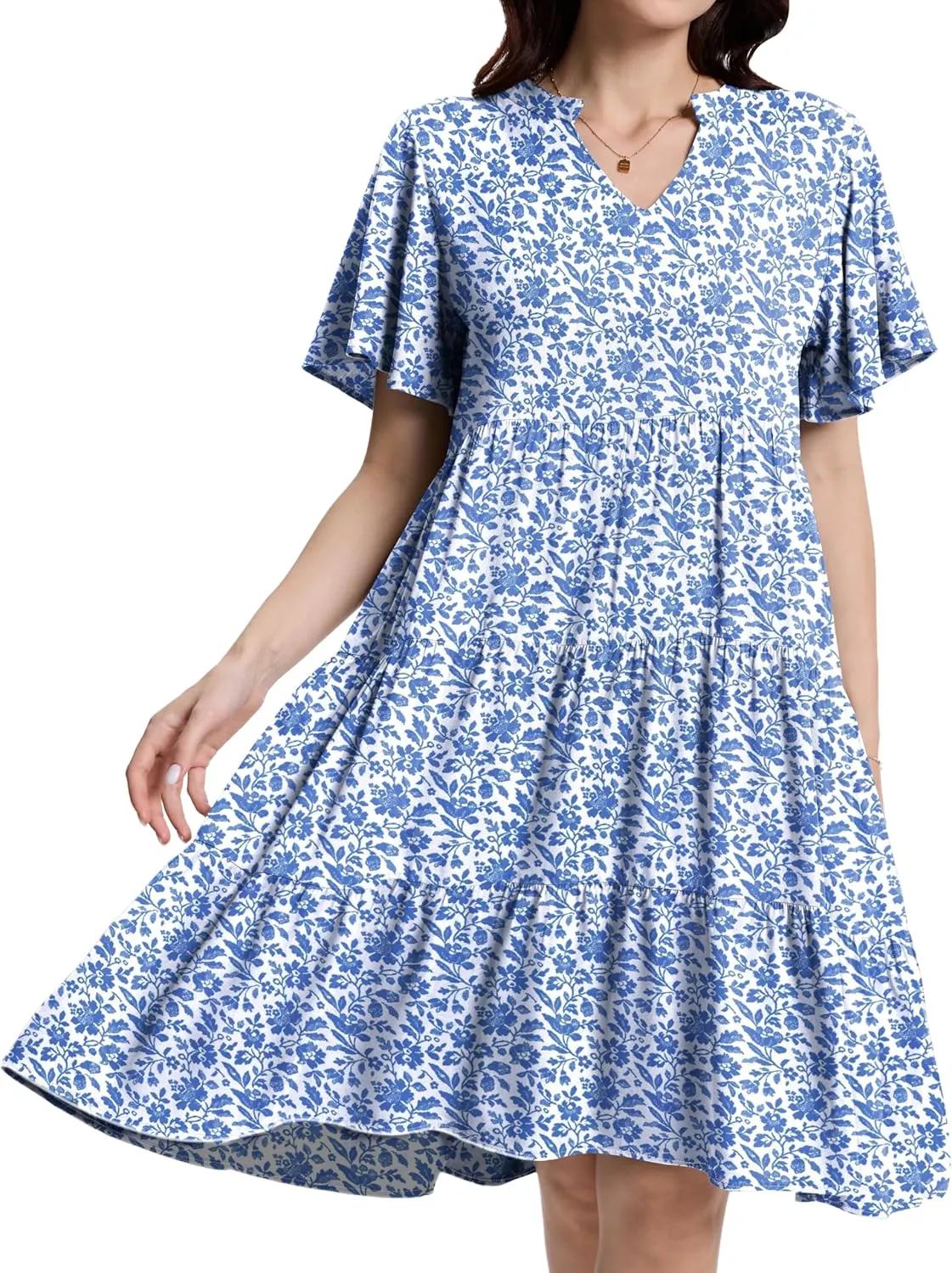 Womens Casual Tiered Swing Midi Dress Ruffle Sleeve V Neck A Line Loose Summer Dresses with Pockets