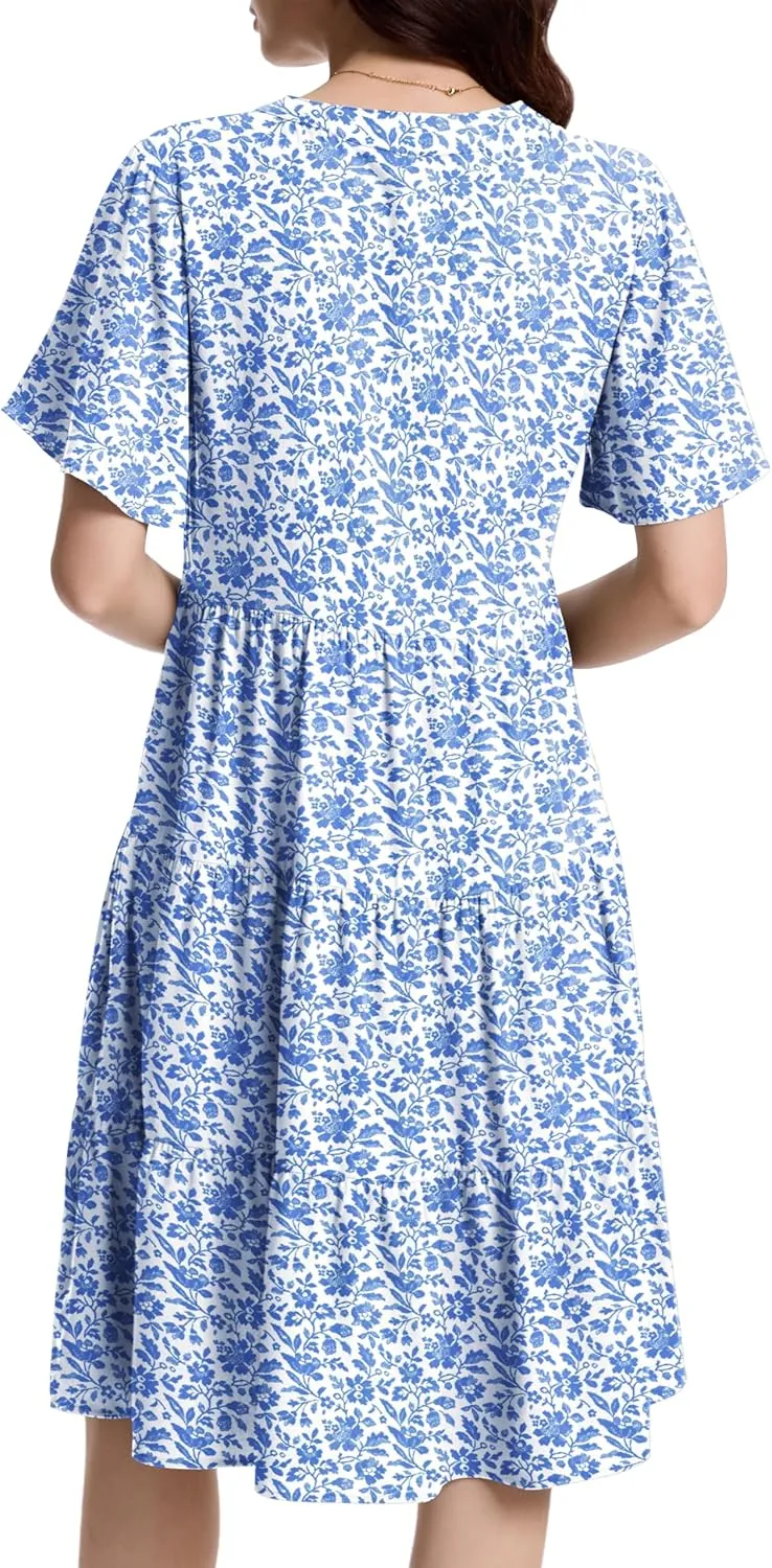 Womens Casual Tiered Swing Midi Dress Ruffle Sleeve V Neck A Line Loose Summer Dresses with Pockets